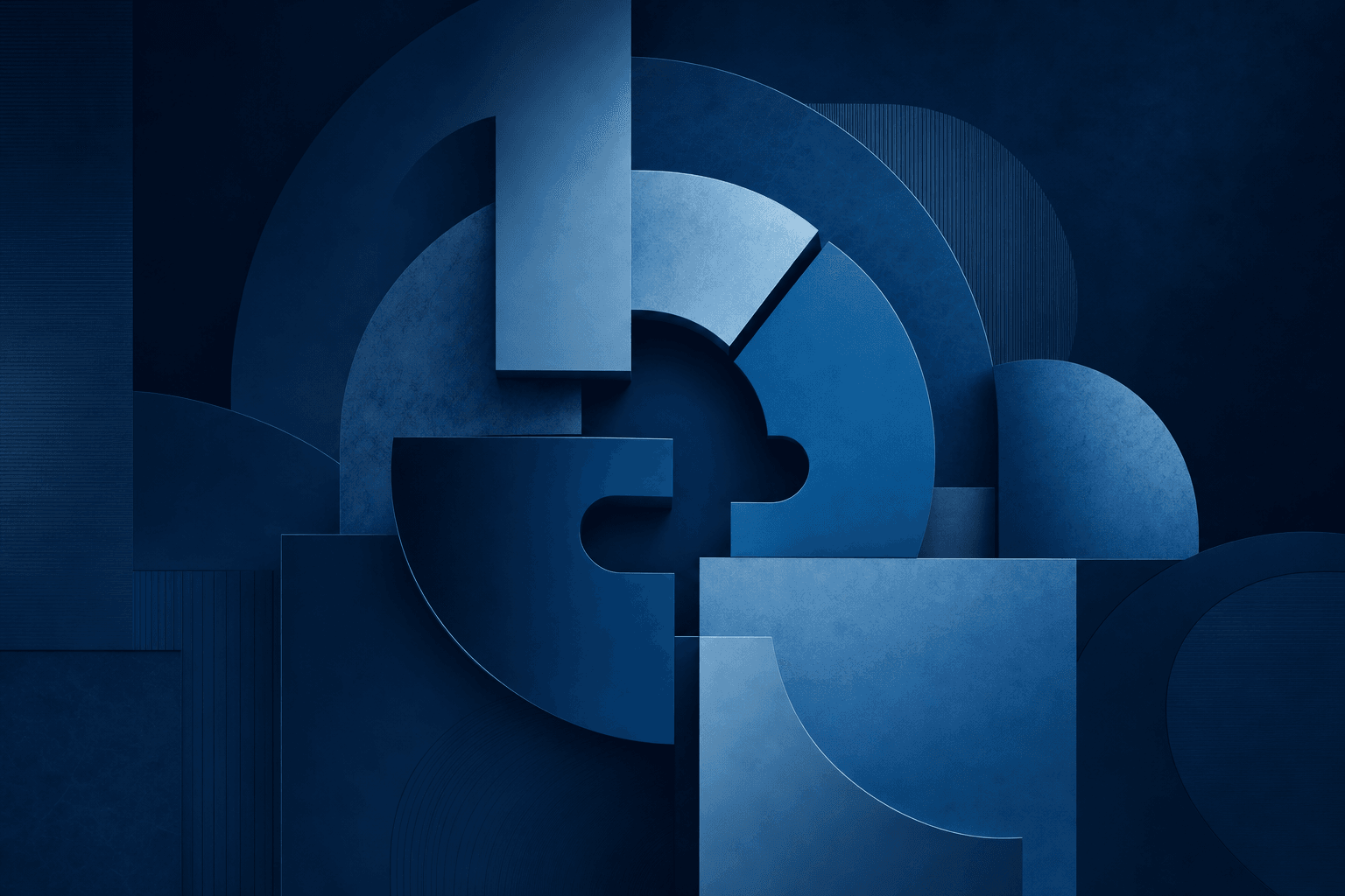 Team cross-funzionale: forme astratte navy, forme diverse che si incastrano in una struttura unita